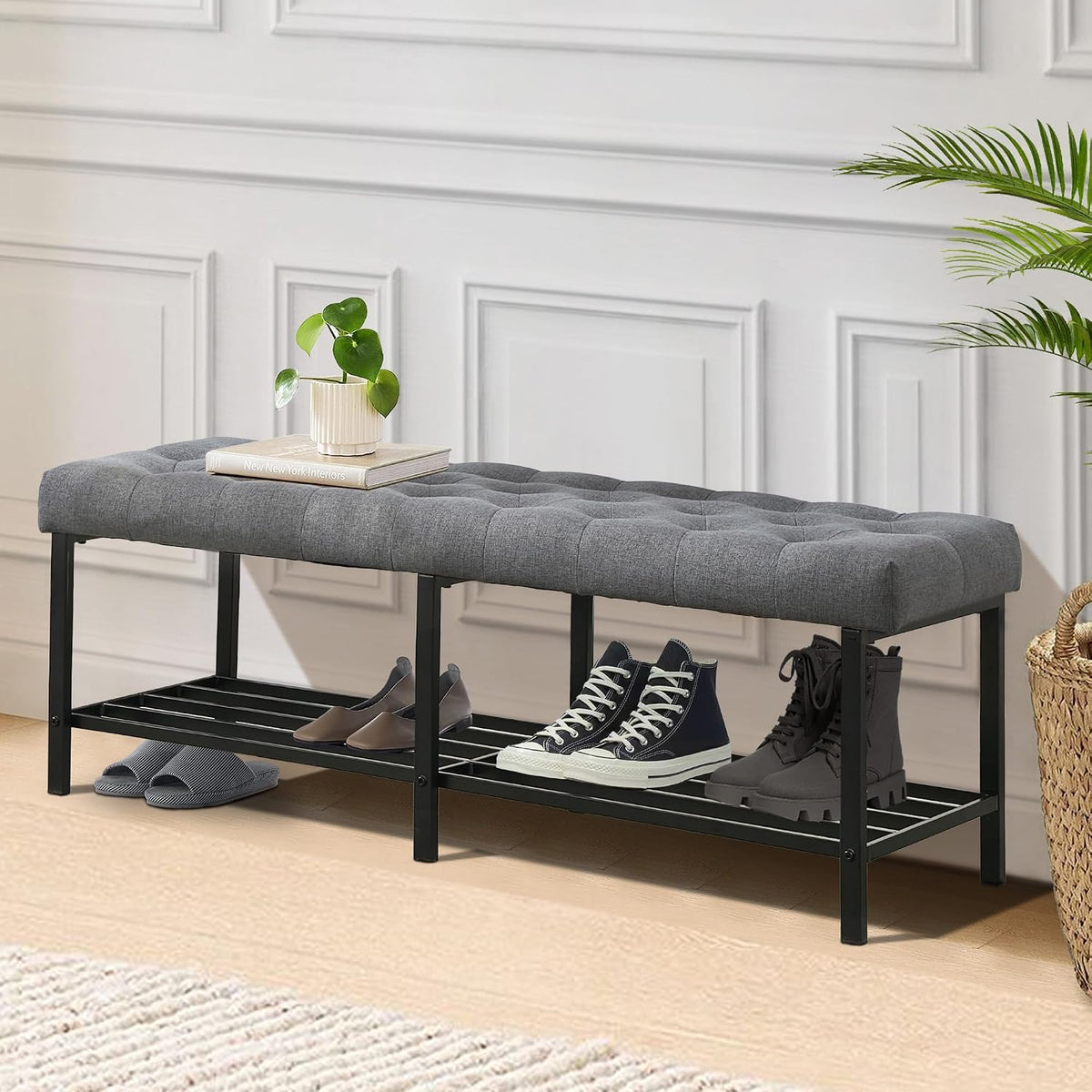 SOFTHION 55.5" End of Bed Bench, Linen Entryway Bench, Grey