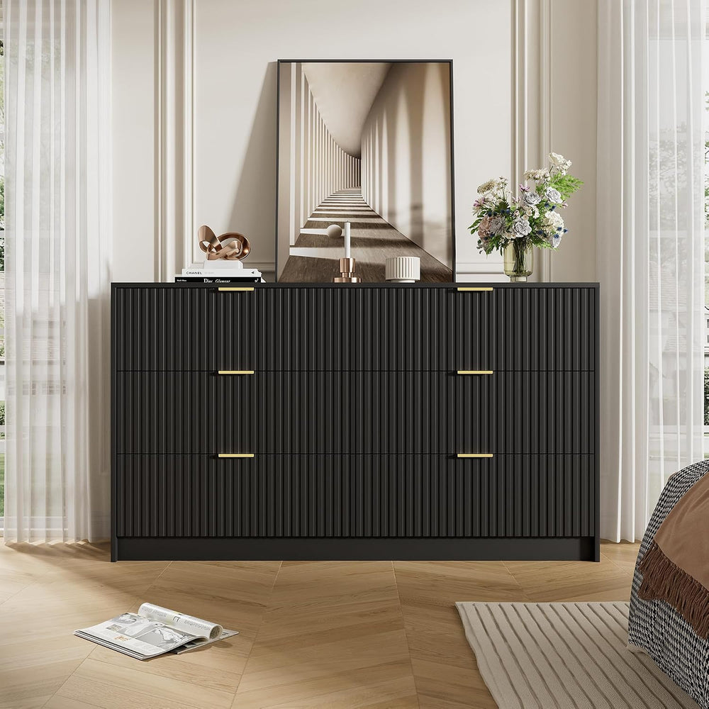 55.1" Wide Black Dresser for Bedroom, Fluted 6 Drawer Dresser