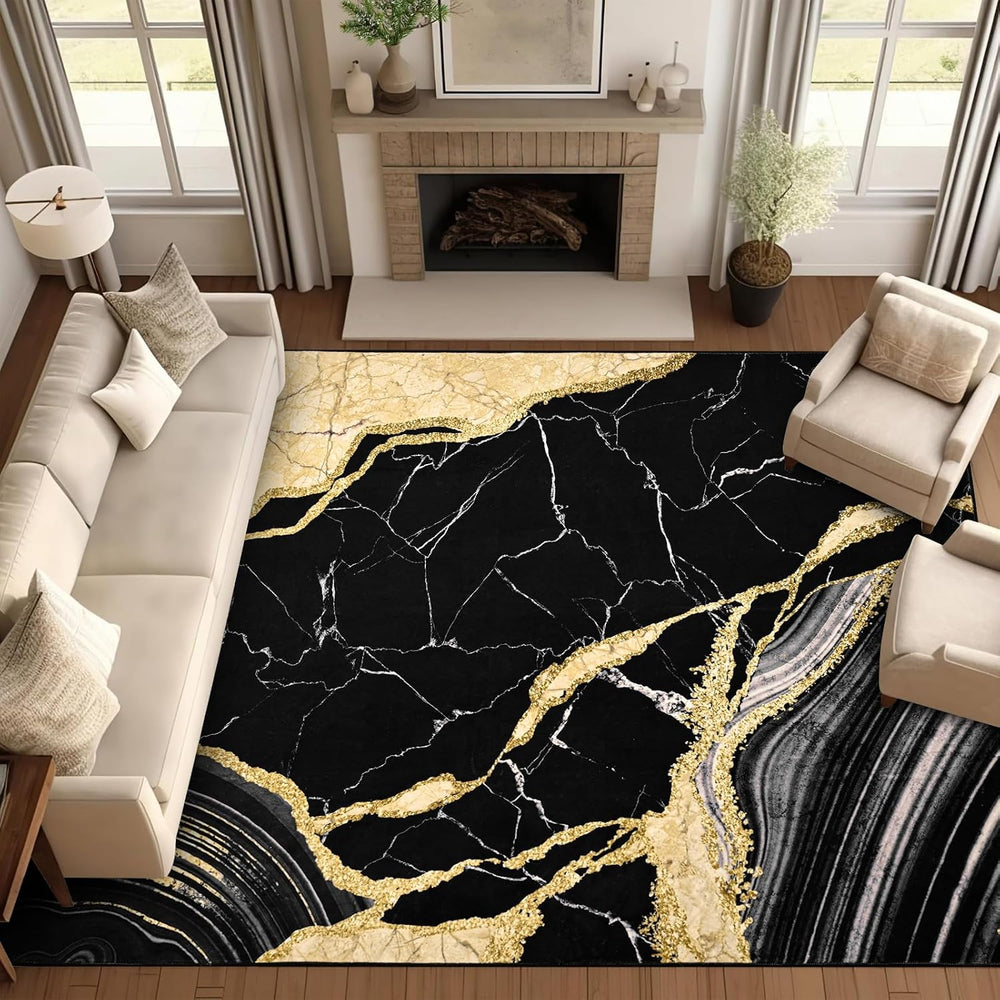 ASPMIZ Black and Gold Marble Area Rug 9x12, Washable Rugs for Living Room