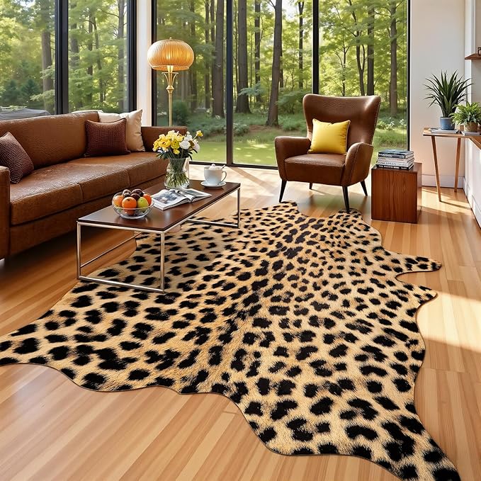 AROGAN Premium Leopard Print Rug 4.6x5.2 Feet, Machine Washable Faux Fur by AROGANAREARUG