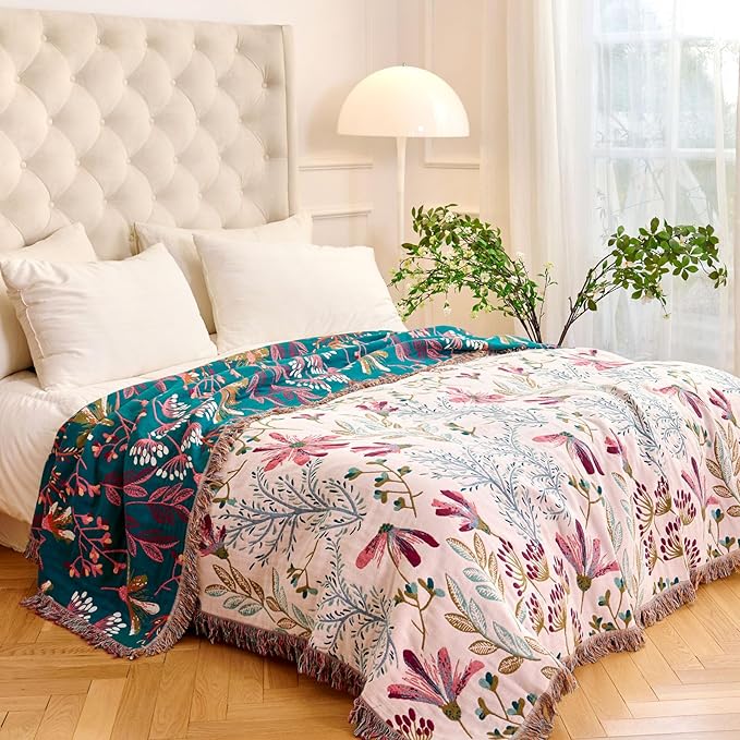 MSGKV Boho Throw Blanket for Bed 60"x80" Floral 100% Cotton Couch Blanket - Image 7