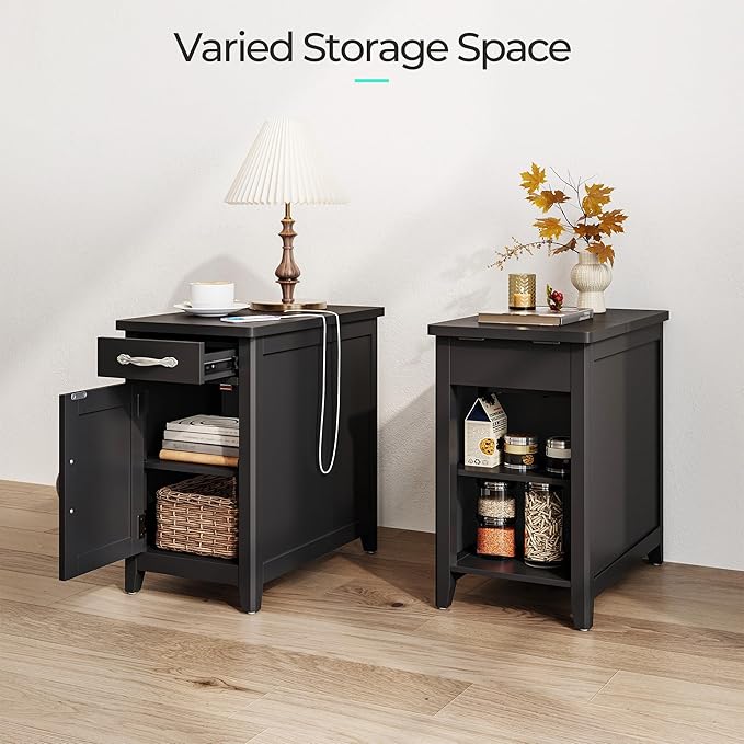 LINSY HOME Farmhouse End Table with Charging Station, Narrow Side Table for L...