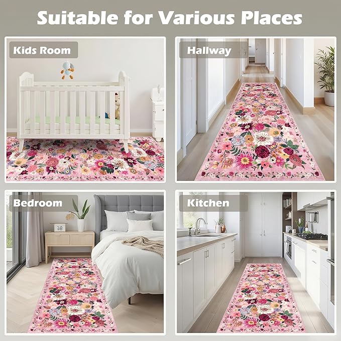 Pink Rug for Hallways Kitchen Rug 2x8, Non Slip Washable Rugs - Image 3