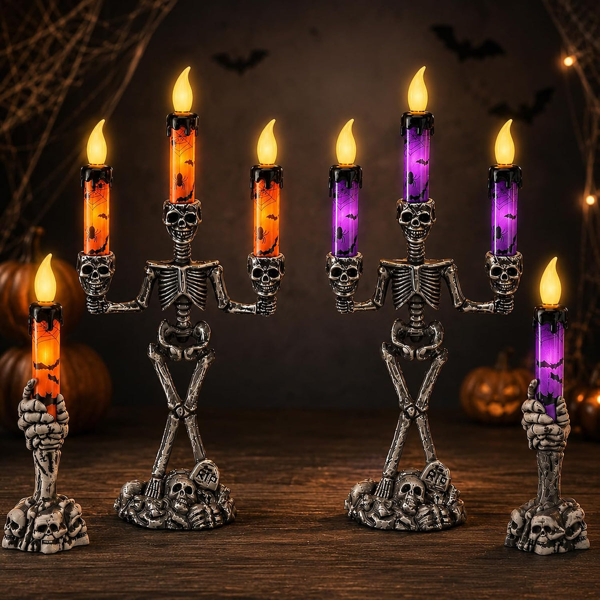 4Pcs Halloween Skeleton Candelabra LED Candle Light, Skull Candelabra Decor