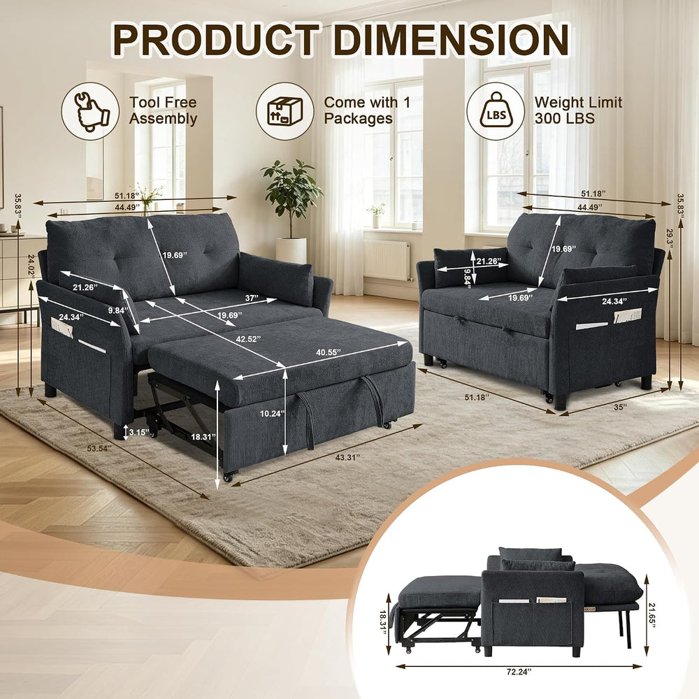 51" Sleeper Sofa Bed with Adjustable Backrest & Side Pockets, Dark Grey