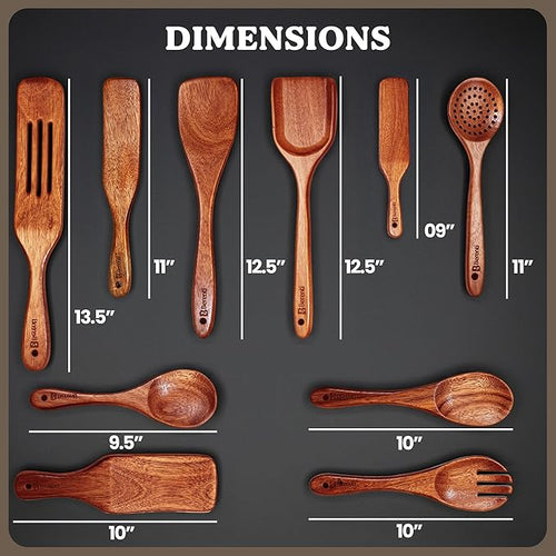 10Pcs Wooden Kitchen Utensil Set, Premium Natural Acacia Wood Cooking Utensils - Image 2