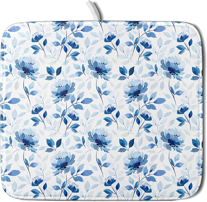 Blue Floral Dish Drying Mat 16x18 inch Flower Leaves Dish Rack Pad Microfiber by Giwawa