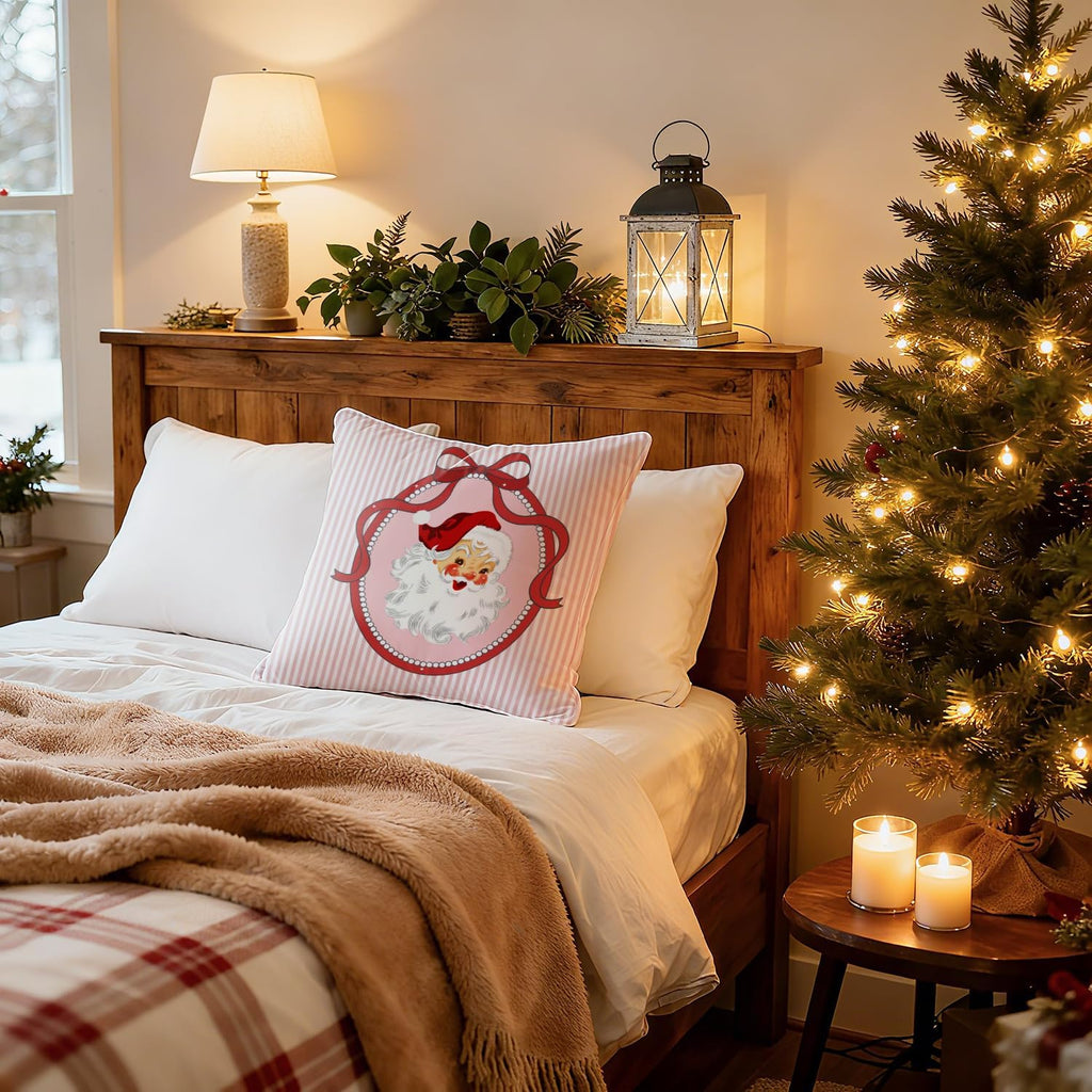 Coquette Red Bow Christmas Santa Pillow Covers 18x18, Preppy Christmas Decor, Girly Xmas Santa Claus Pink Striped Decorative Throw Pillow Covers for Girls Dorm Room Apartment
