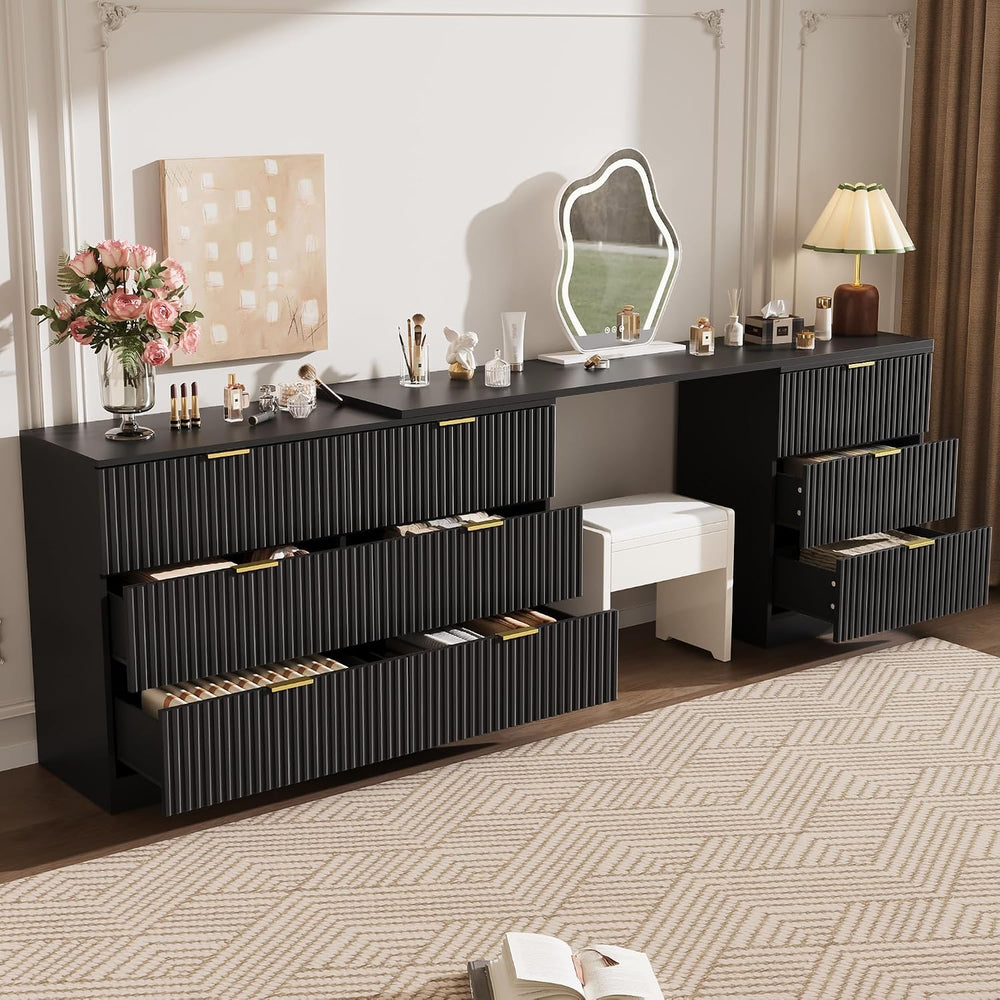 L-Shaped Rotatable 9 Drawer Dresser for Bedroom, 71" Wide Deformable Bla...