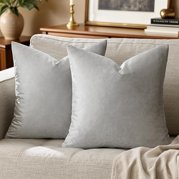 GIGIZAZA Velvet Silver Grey Pillow Covers 20x20 Set of 2 Square Throw Pillow by GIGIZAZAFocusingonhomedecoration