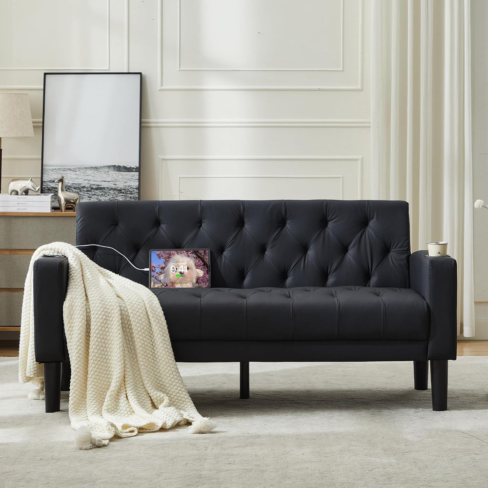 TYBOATLE 62'' Black Leather Loveseat, Small Couch with USB for Living...