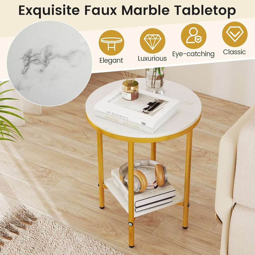 Giantex Round Side Table Set of 2, 2-Tier Faux Marble Bedside Night Stand w/M...