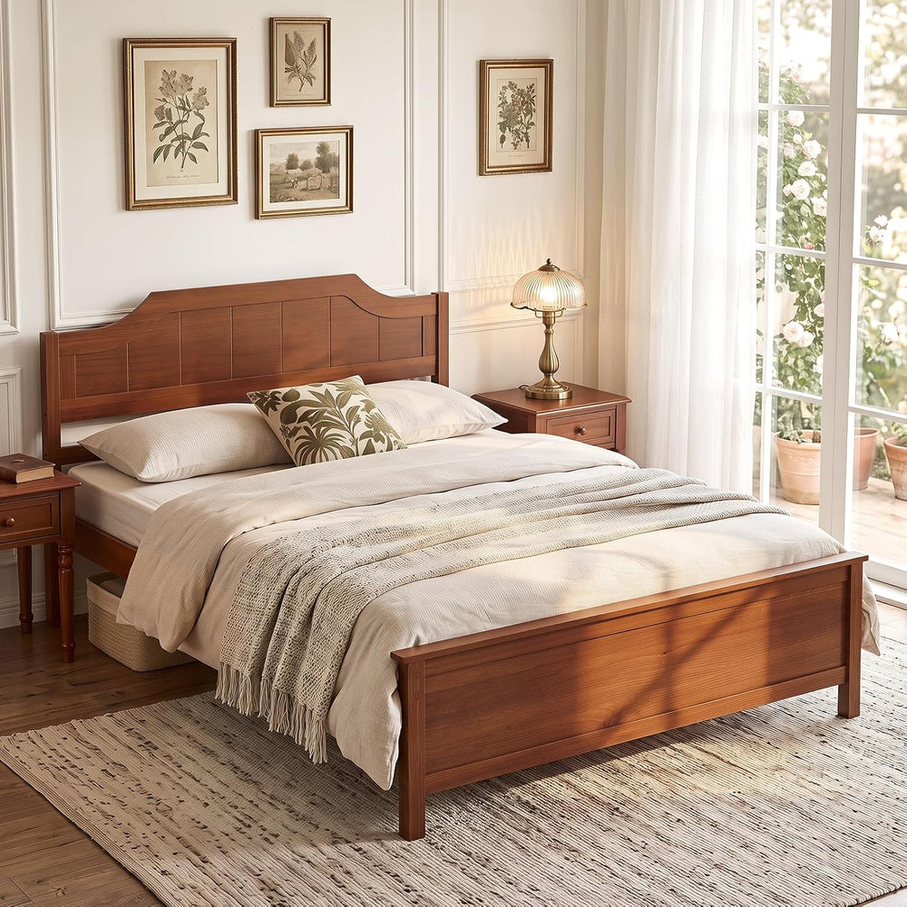 GIANTEX Full Size Wooden Bed Frame with Headboard, Wood Slat Support