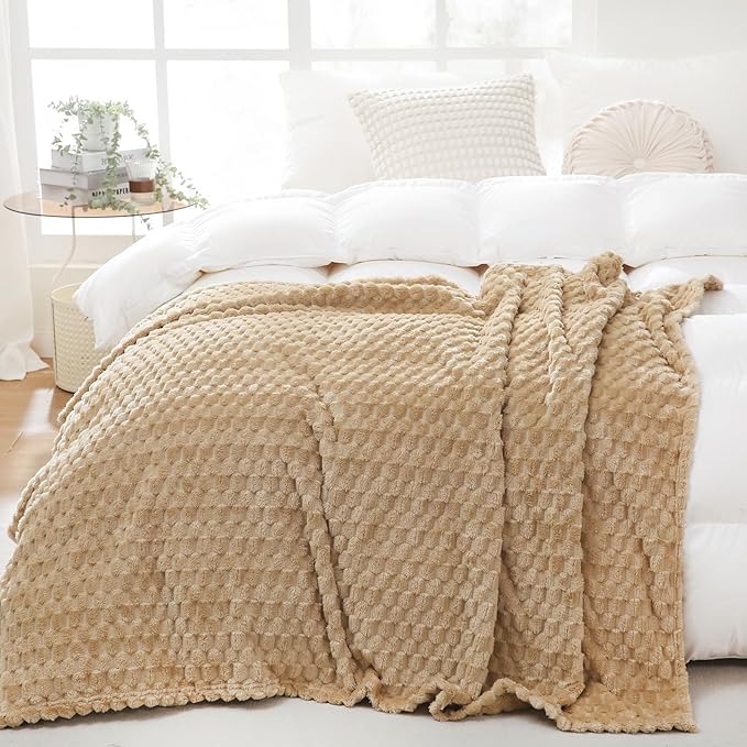 Beige Throw Blanket 50"×60" inches Fuzzy 3D Jacquard Decorative Flannel Fleece - Image 4