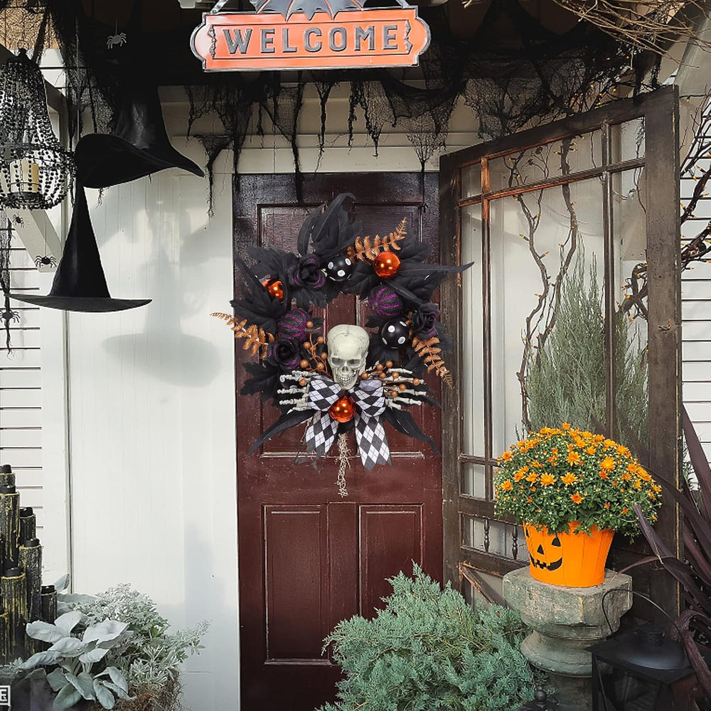 Halloween Wreath for Front Door Halloween Skeleton Decorations, 20 Inch Pumpk...