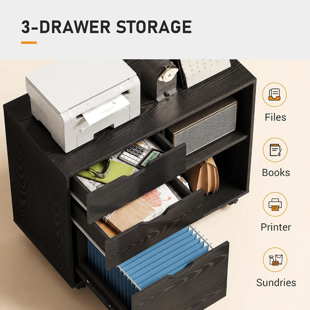 DEVAISE 3 Drawer Wood File Cabinet, Rolling Filing Cabinet with Open Storage ...