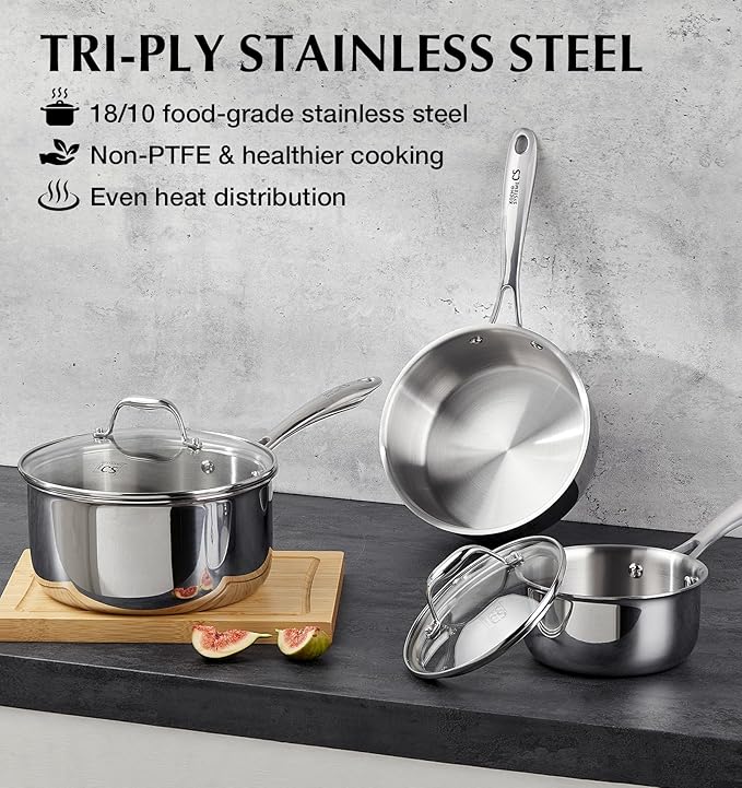 KOCH SYSTEME CS Triply Stainless Steel Saucepan Set, 1QT & 2QT & 3QT Stainless - Image 6