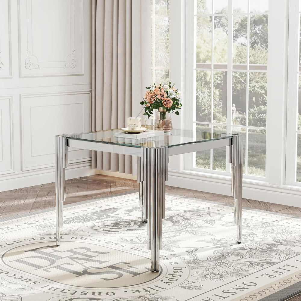 Modern Square Glass Dining Table for 4 People, Compact 37" Clear Tempere...