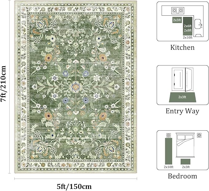 Yamaziot Washable Area Rug 5x7 – Non-Slip Boho Floral Living Room Rug - Image 2