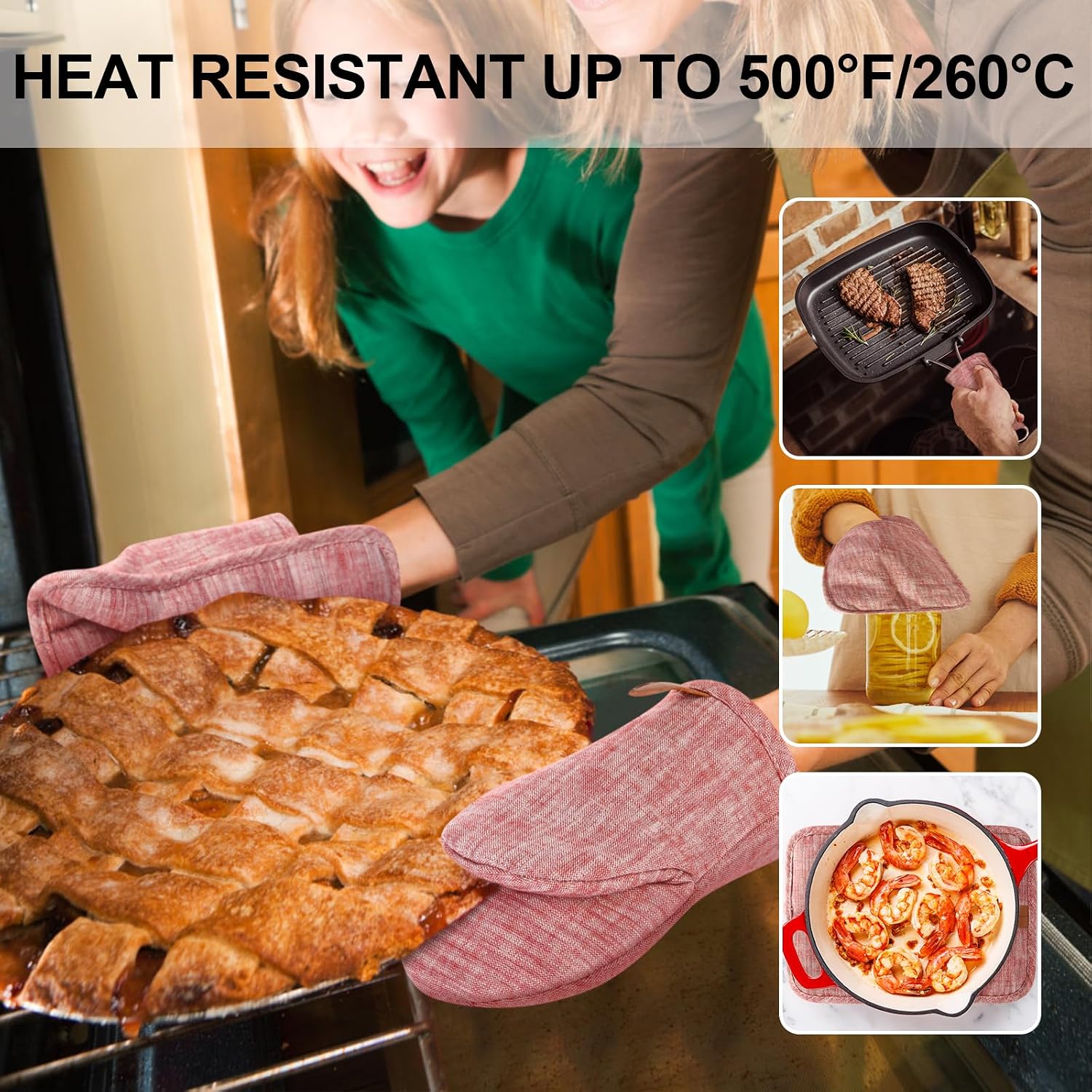 4Pcs Heat Resistant Oven Mitts & Potholders (Up to 500°F), Flexible Kitchen Accessories for BBQ, Baking, Microwave, Stovetop Use and More (Pink)