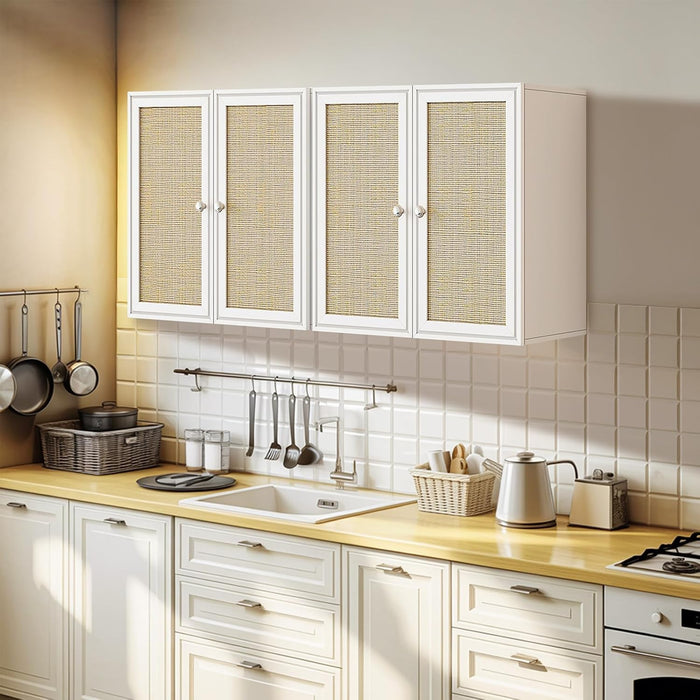 Laundry Room Cabinets with Lights, 24INCH Bathroom Cabinets Wall Mounted with Adjustable Shelves, Rattan Wall Cabinet for Bedroom, Kitchen, Bathroom (2PCS, White)