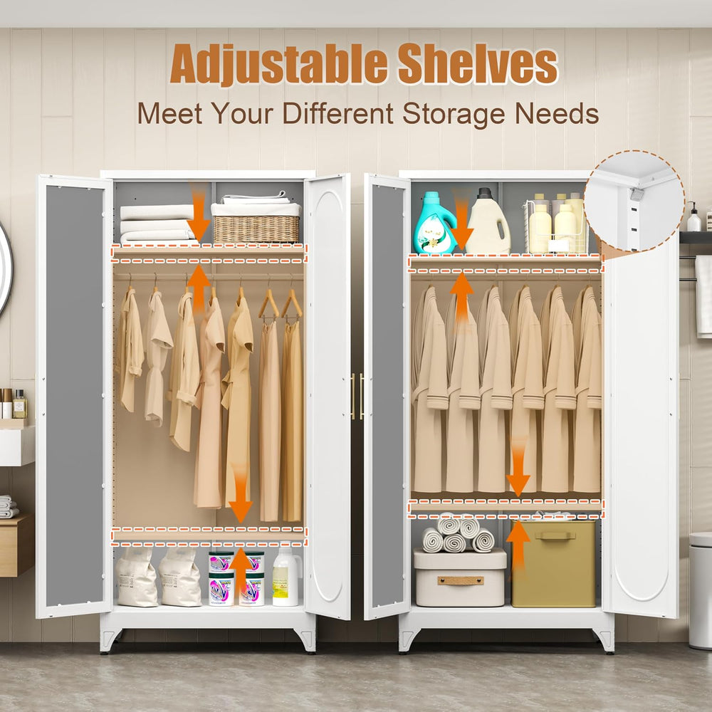 Metal Wardrobe Closet with Mirror Doors and 2 Adjustable Shelves