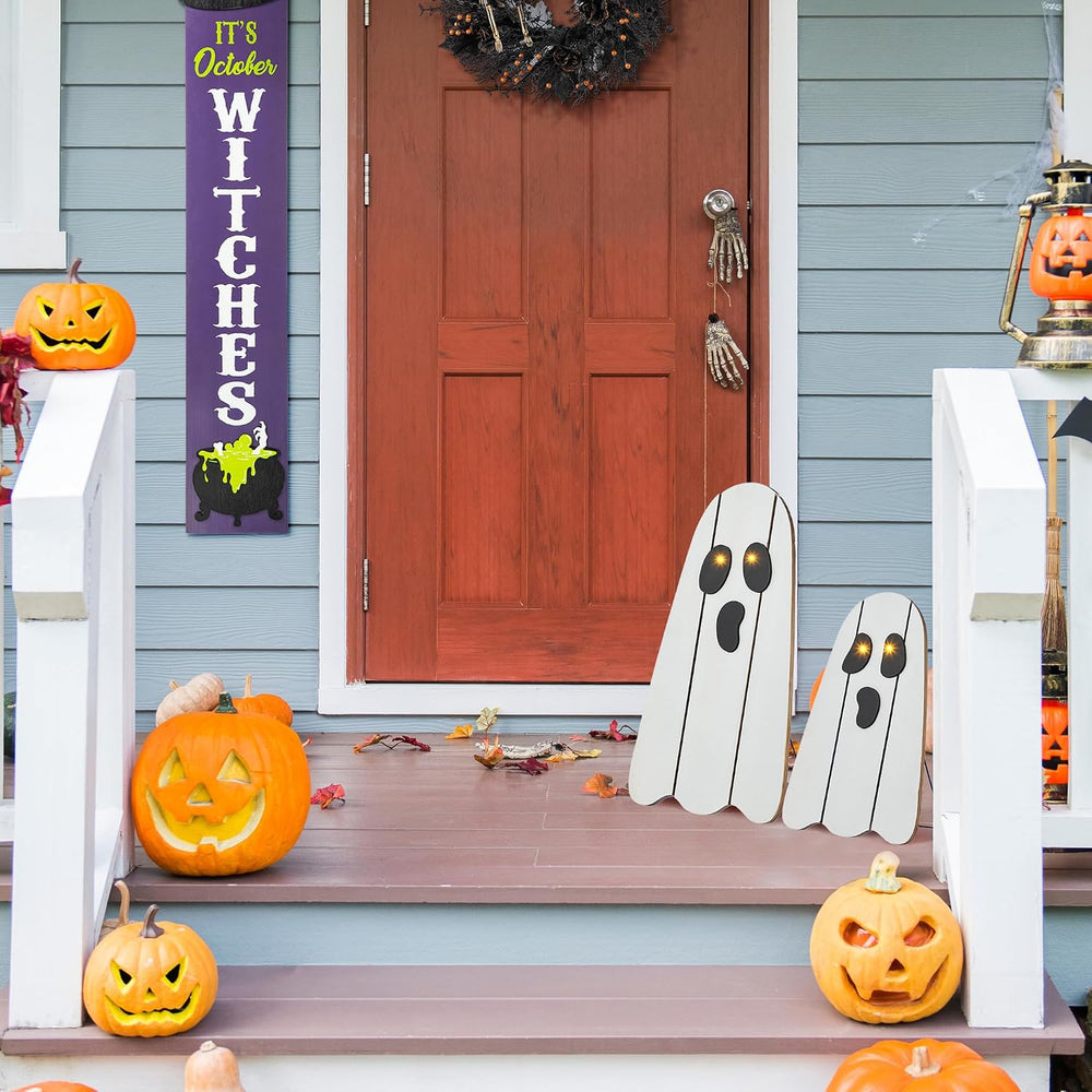 Glitzhome Set of 2 Halloween Lighted Wood Ghost Porch Decor - 24" H &amp...