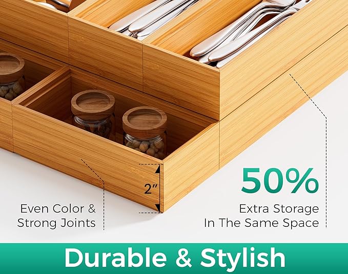Bamboo Kitchen Drawer Organizer Boxes – 9" x 3" Stackable Wood Silverware - Image 9