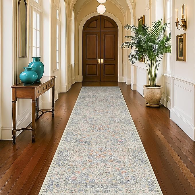 Hazo Haus Beige Blue Washable 2'6"x10' Wide Hallway Runners, Kitchen Runner Rug by HazoHaus