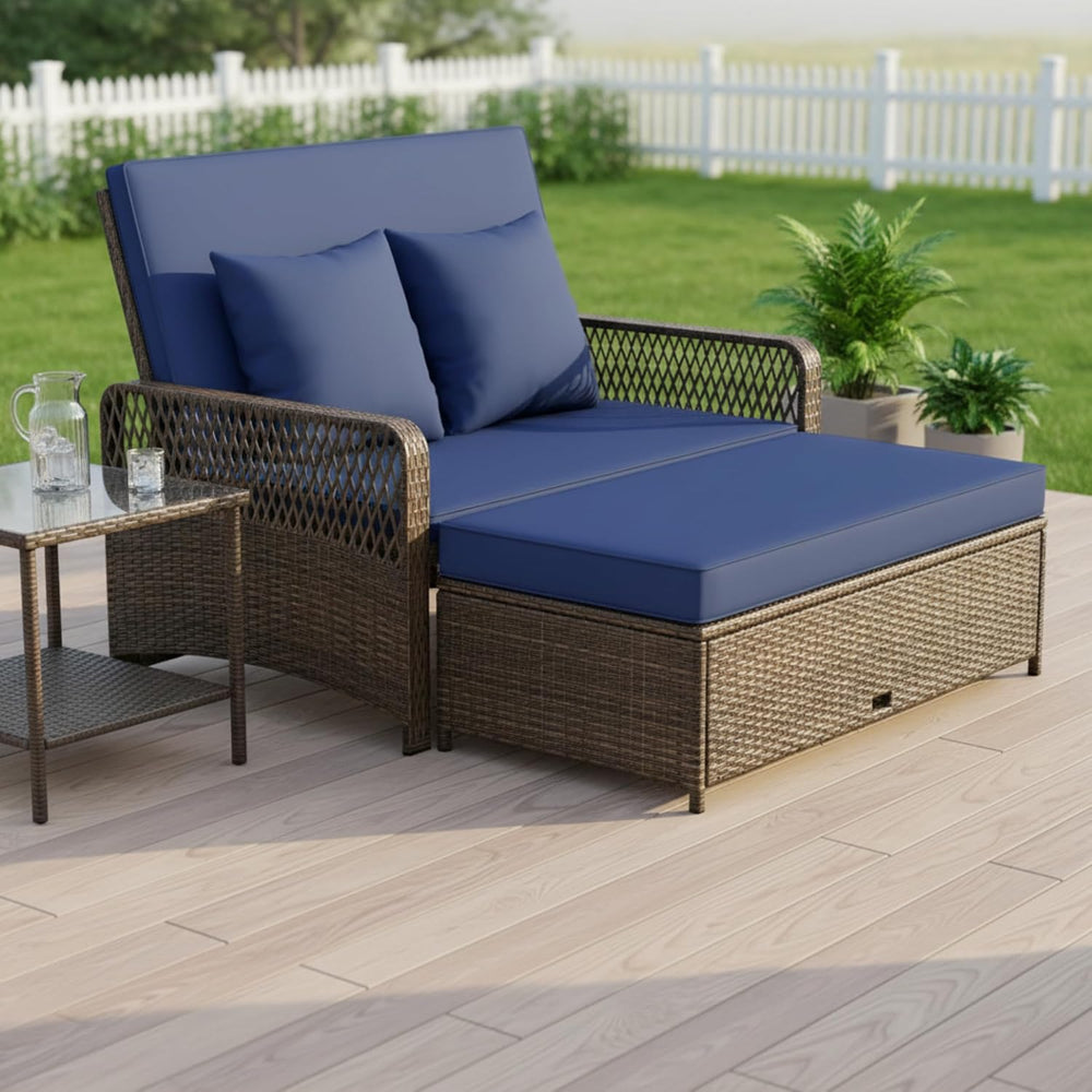 Tangkula Patio Rattan Daybed with 4-Level Adjustable Backrest, Navy