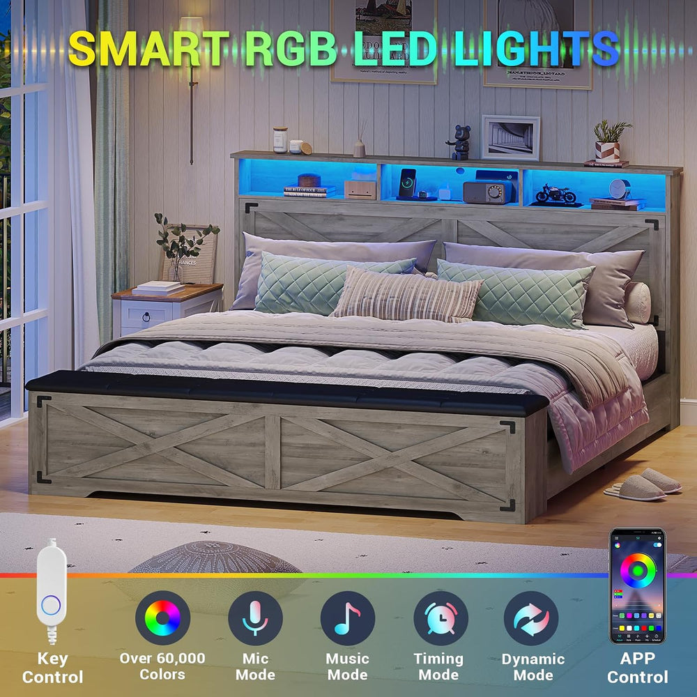 Queen Size Bed Frame with Storage Ottoman, Farmhouse Bed Frame with Charging ...