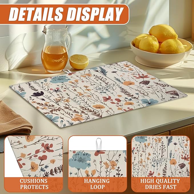 Vintage Floral Dish Drying Mat for Kitchen Counter Microfiber Absorbent Dish - Image 3