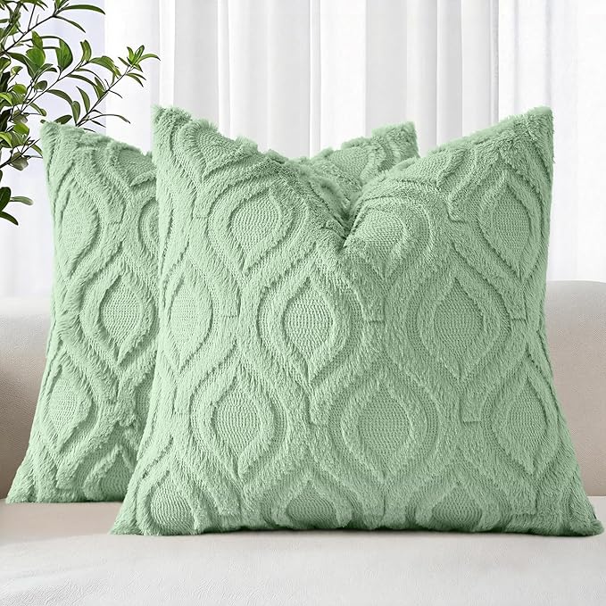 decorUhome Throw Pillow Covers 24x24 Inch Set of 2, Soft Plush Faux WoolSage by decorUhome