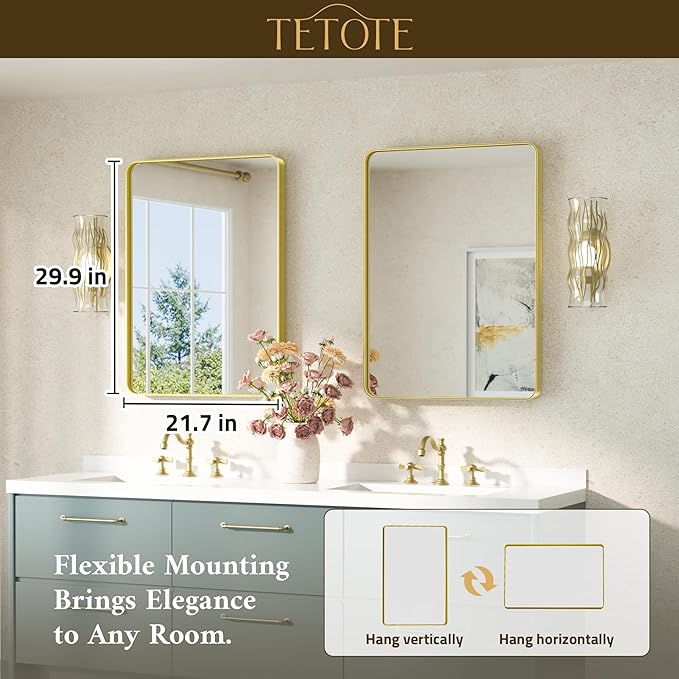 TETOTE 22 x 30 Gold Bathroom Mirror Brushed Gold Metal Framed Vanity Mirror, ...