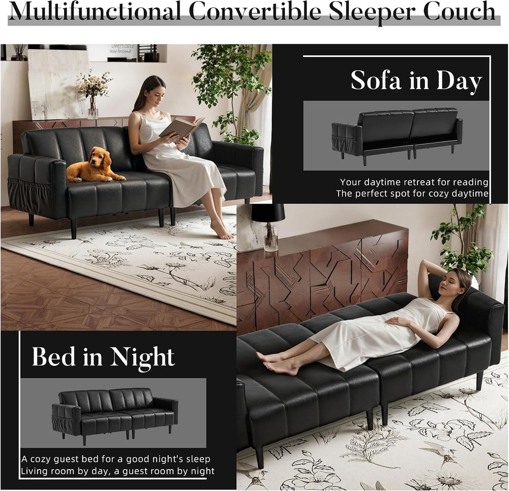 77" Faux Leather Futon Couch,Mid Century Modern Leather Sofa(Black)