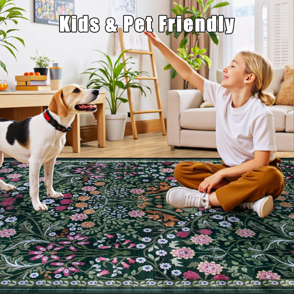 PLHXFR 6x9 Area Rug Living Room: Floral Washable Boho Carpet Dark Green