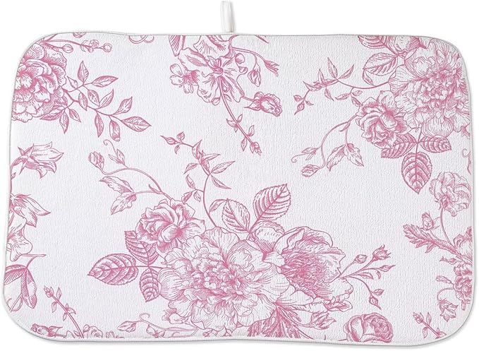 Pink Chinoiserie Floral Dish Drying Mat 18 x 24 inch Vintage Flower Decorative by AEIOAE