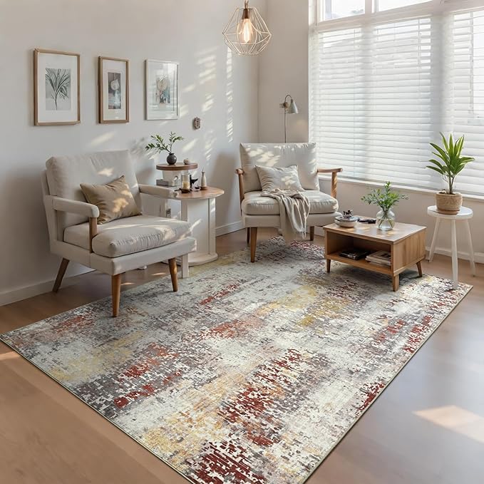 Ompaa Living Room Rug 5x8 Beige Area Rug Machine Washable Boho Rug Non Slip - Image 4