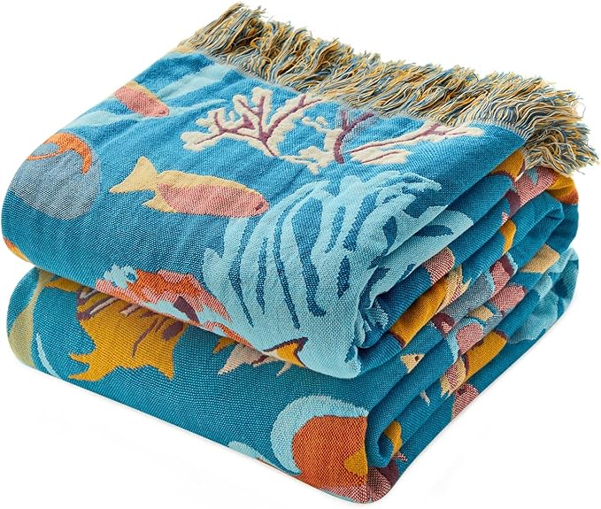 MSGKV Throw Blanket for Bed Cotton Cute Ocean Animals Twin Size Couch Blanket by MSGKVHomeTextiles