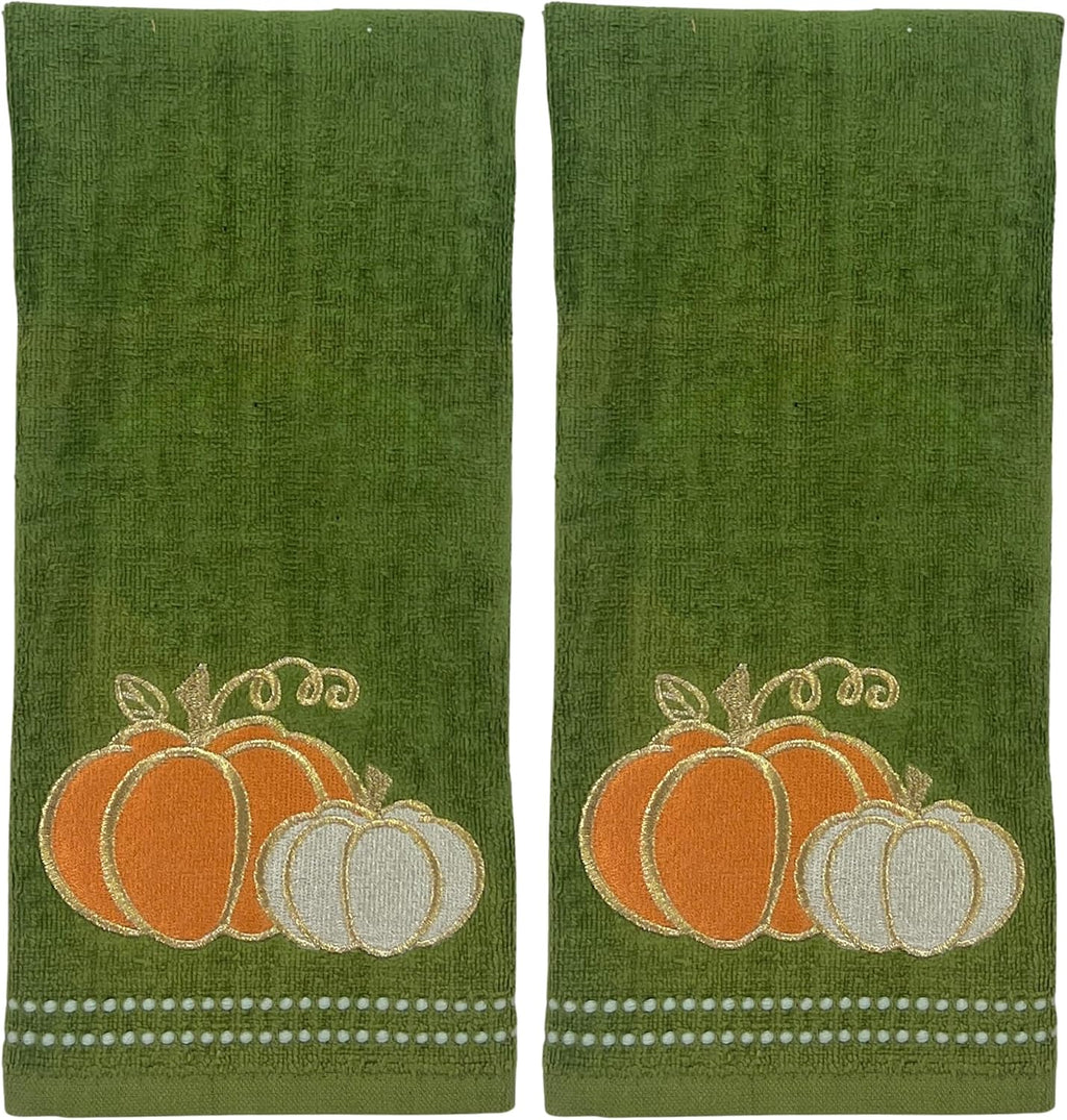 Fall Farmhouse Green Bathroom Hand Towels , Orange & Gold Pumpkins, 16"x25" | Set of 2, 100% Cotton, Embroidered Harvest Design, Fancy Trim, Perfect for Parties & Gifts, Kitchen & Bath Decor Accent