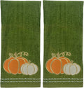 Fall Farmhouse Green Bathroom Hand Towels , Orange & Gold Pumpkins, 16"x25" | Set of 2, 100% Cotton, Embroidered Harvest Design, Fancy Trim, Perfect for Parties & Gifts, Kitchen & Bath Decor Accent
