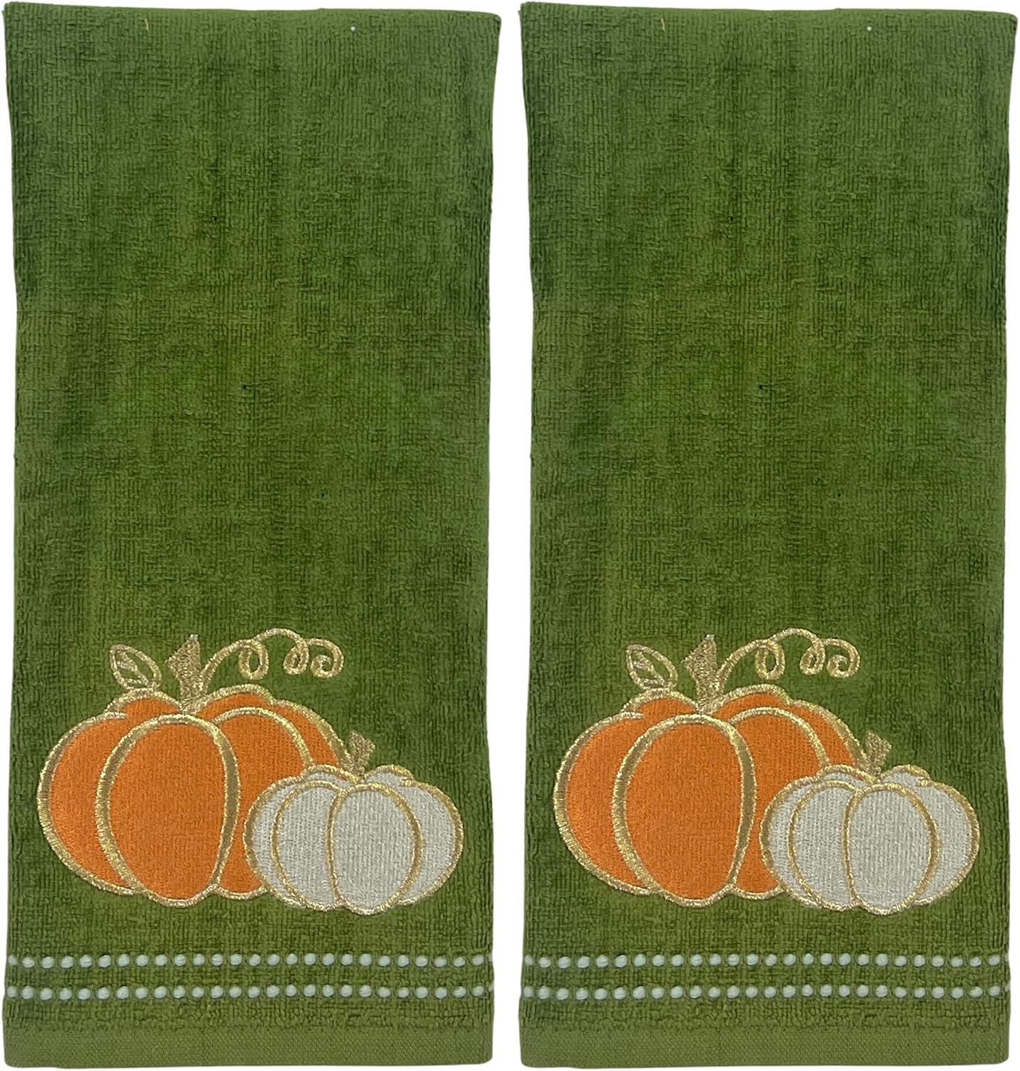 Fall Farmhouse Green Bathroom Hand Towels , Orange & Gold Pumpkins, 16"x25" | Set of 2, 100% Cotton, Embroidered Harvest Design, Fancy Trim, Perfect for Parties & Gifts, Kitchen & Bath Decor Accent