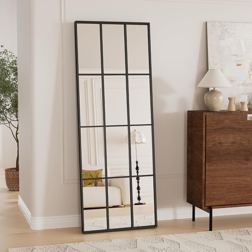 Full Length Mirror, 65"x22" Standing Windowpane Wall Mirror (Black)