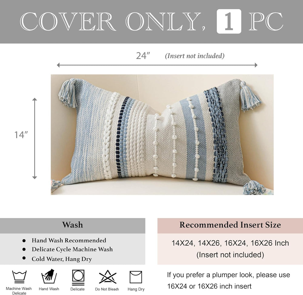 BlissBlush Decorative Lumbar Throw Pillow Cover 14x24 Boho Coastal Blue Accen...