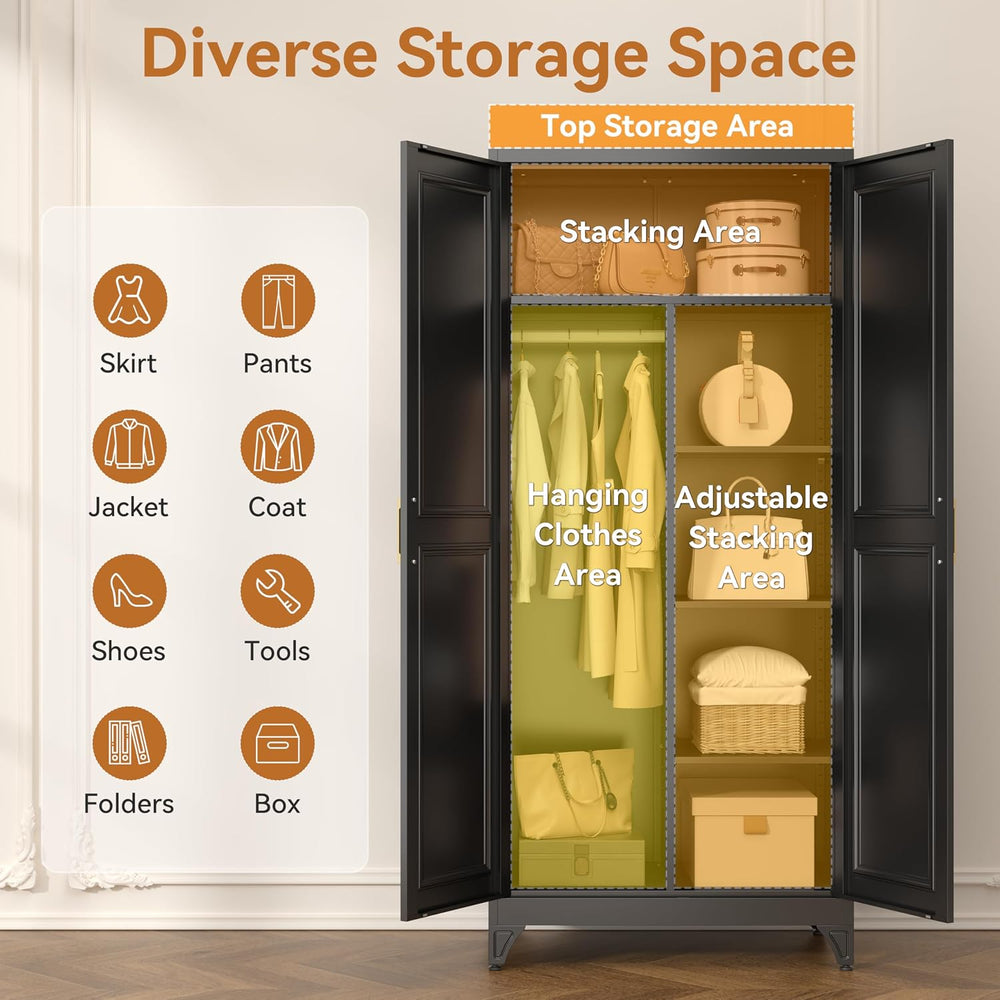 Metal Armoire Wardrobe Closet, 71" Tall Wardrobe Cabinet with 2 Doors