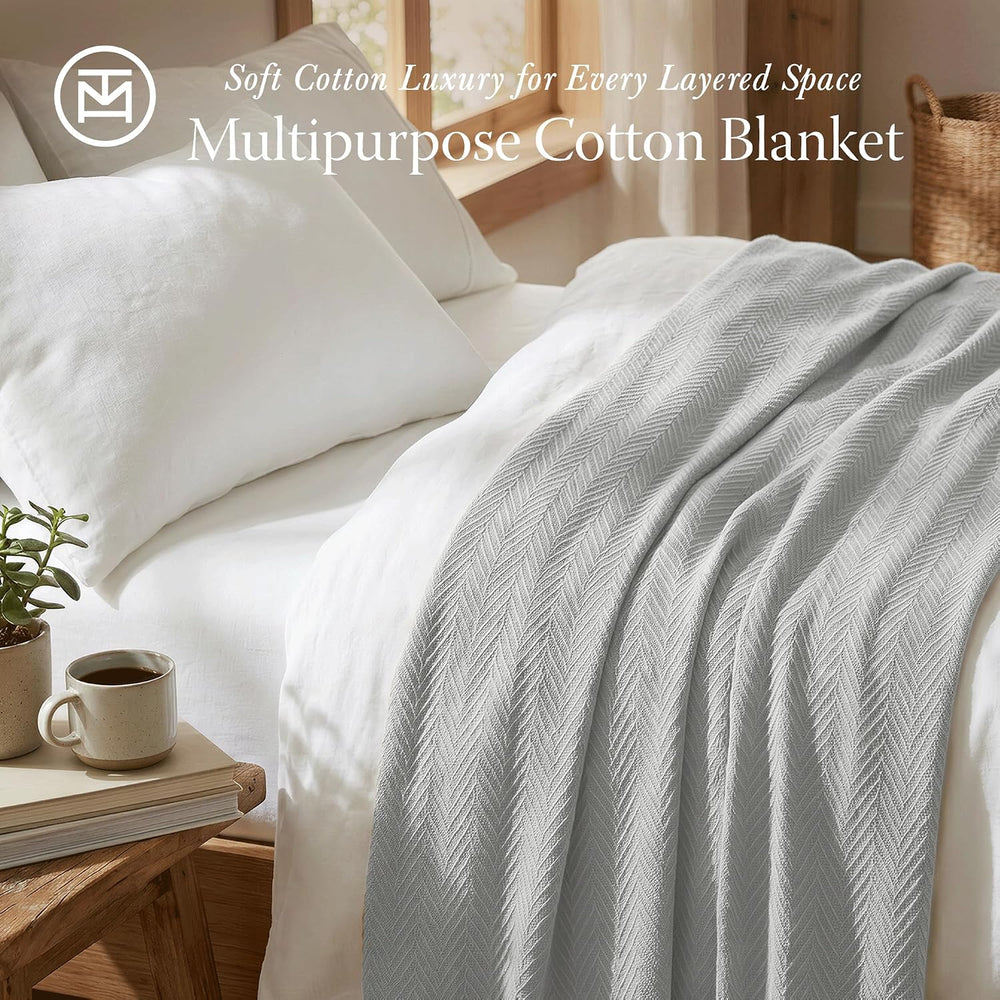 Threadmill Luxury 100% Cotton King Herringbone Blanket, Light Grey
