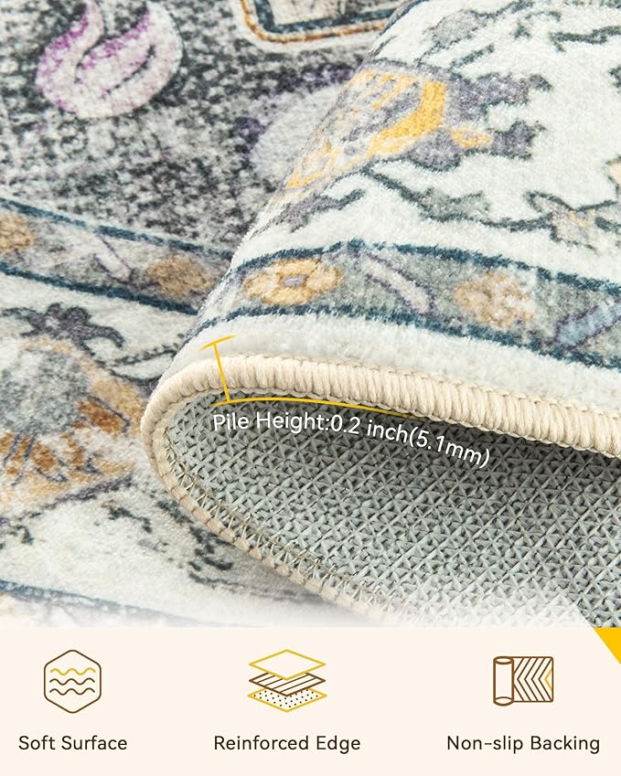 Area Rugs 4ft Washable Non-Slip, Floral Vintage Distress Print Pattern - Image 4