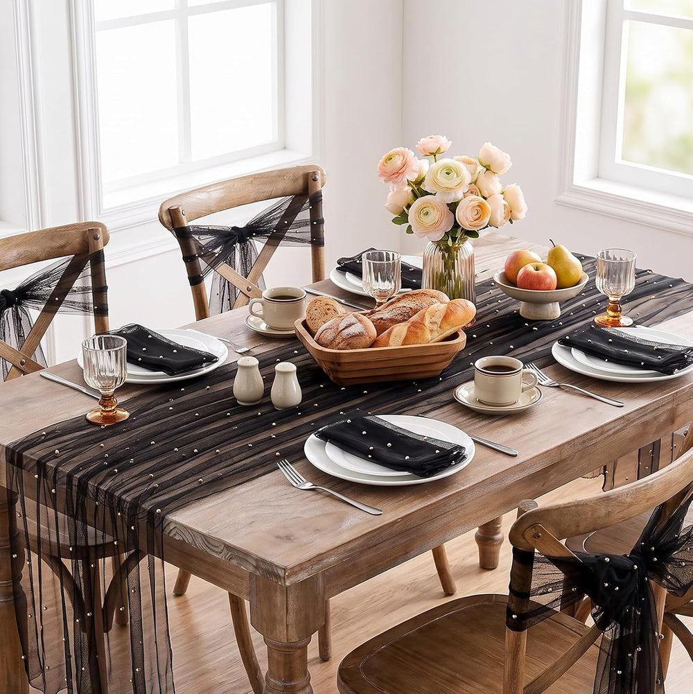 Pearl Gauze Tulle Table Runner Black Halloween 120 Inch 10FT Sheer Dining