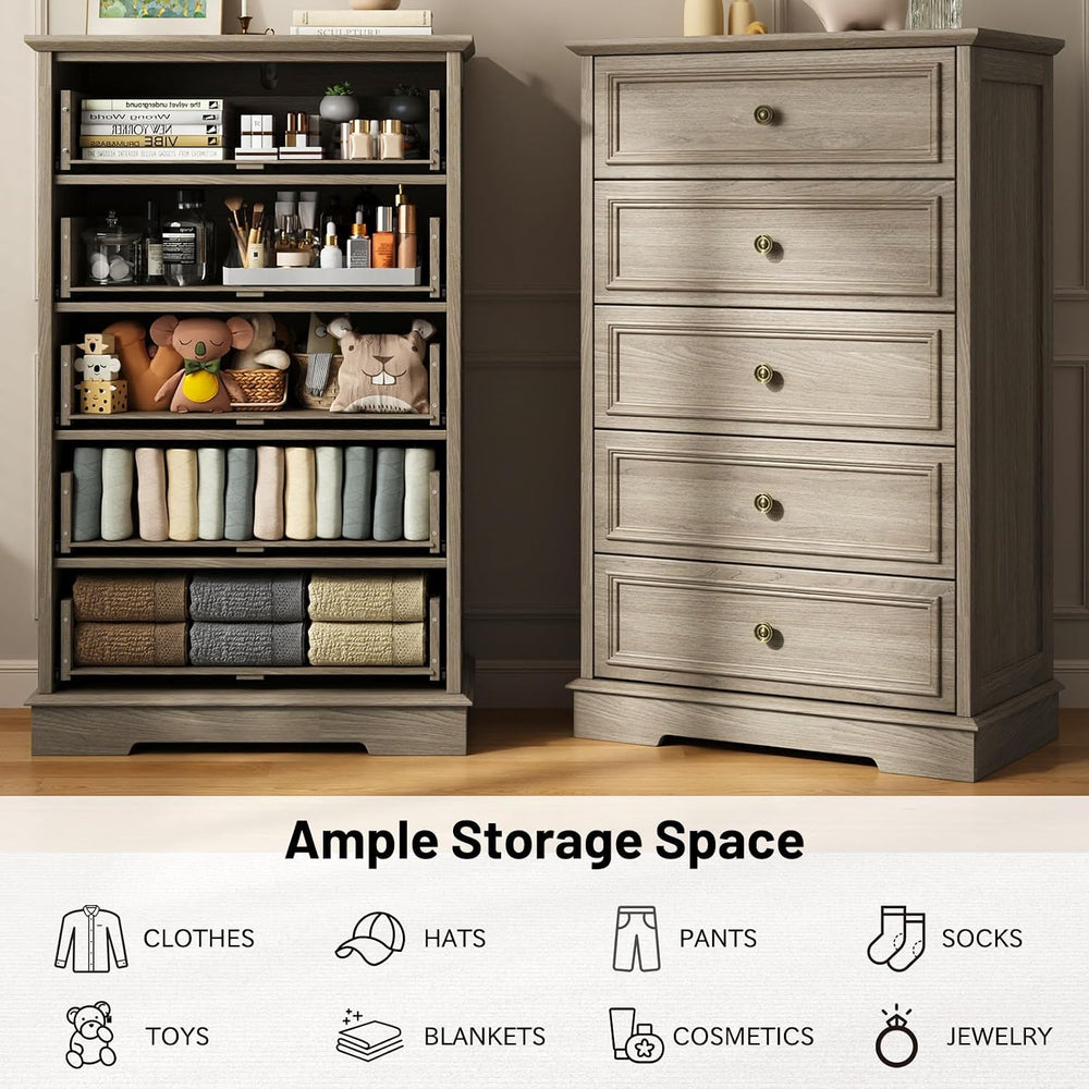 Gray Dresser for Bedroom, 44" Tall 5 Drawer Dresser, Wooden Chest of Dra...