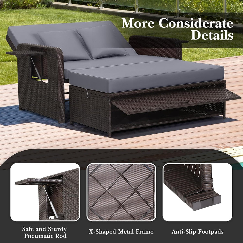 Tangkula Patio Rattan Daybed with 4-Level Adjustable Backrest, Grey Cushion